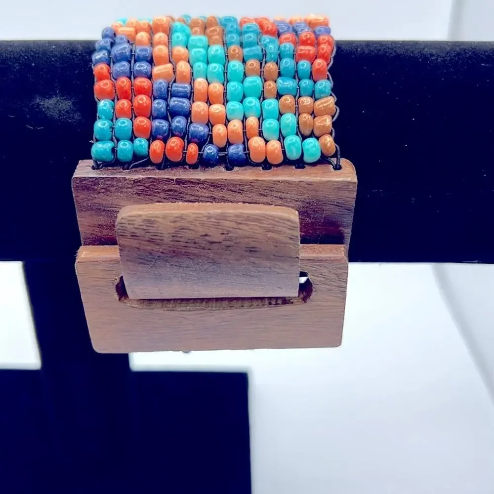 Colorful Boho Beaded Bracelet w/wooden clasp